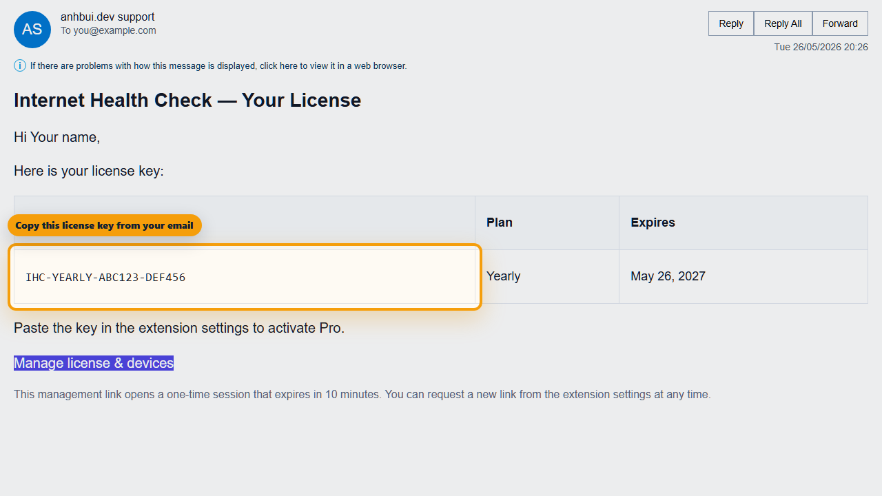 Internet Health Check license email with the key highlighted