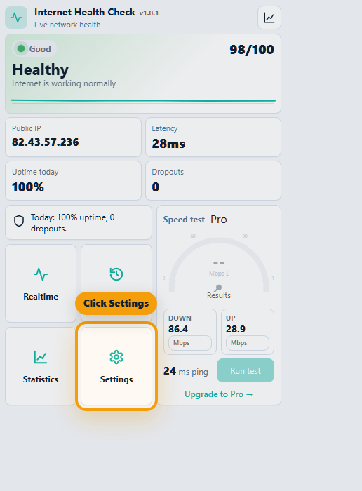 Internet Health Check extension popup with the Settings button highlighted