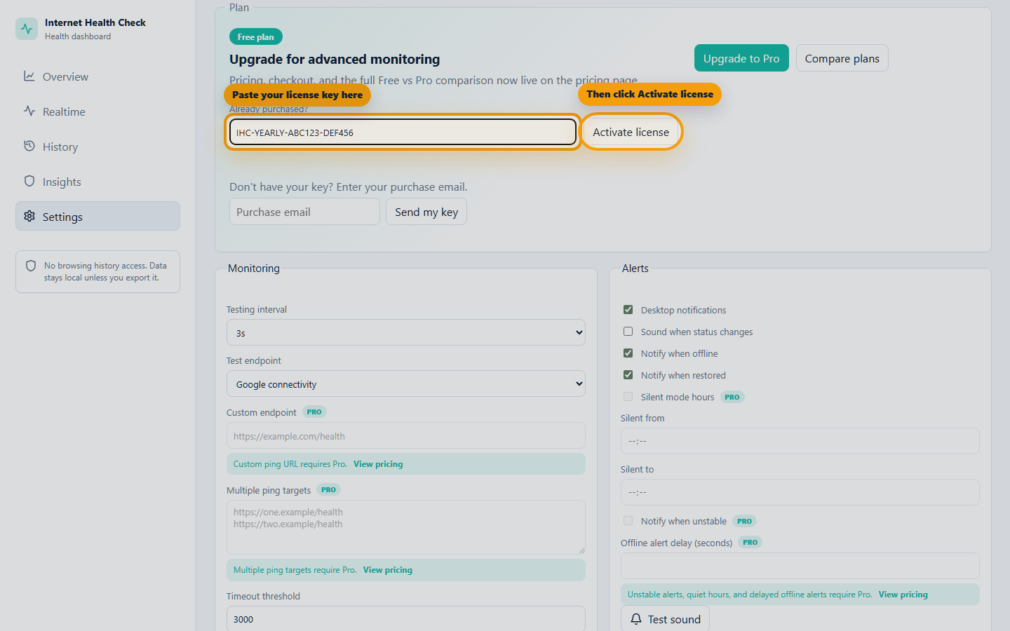 Internet Health Check settings page with the license key textbox and Activate license button highlighted