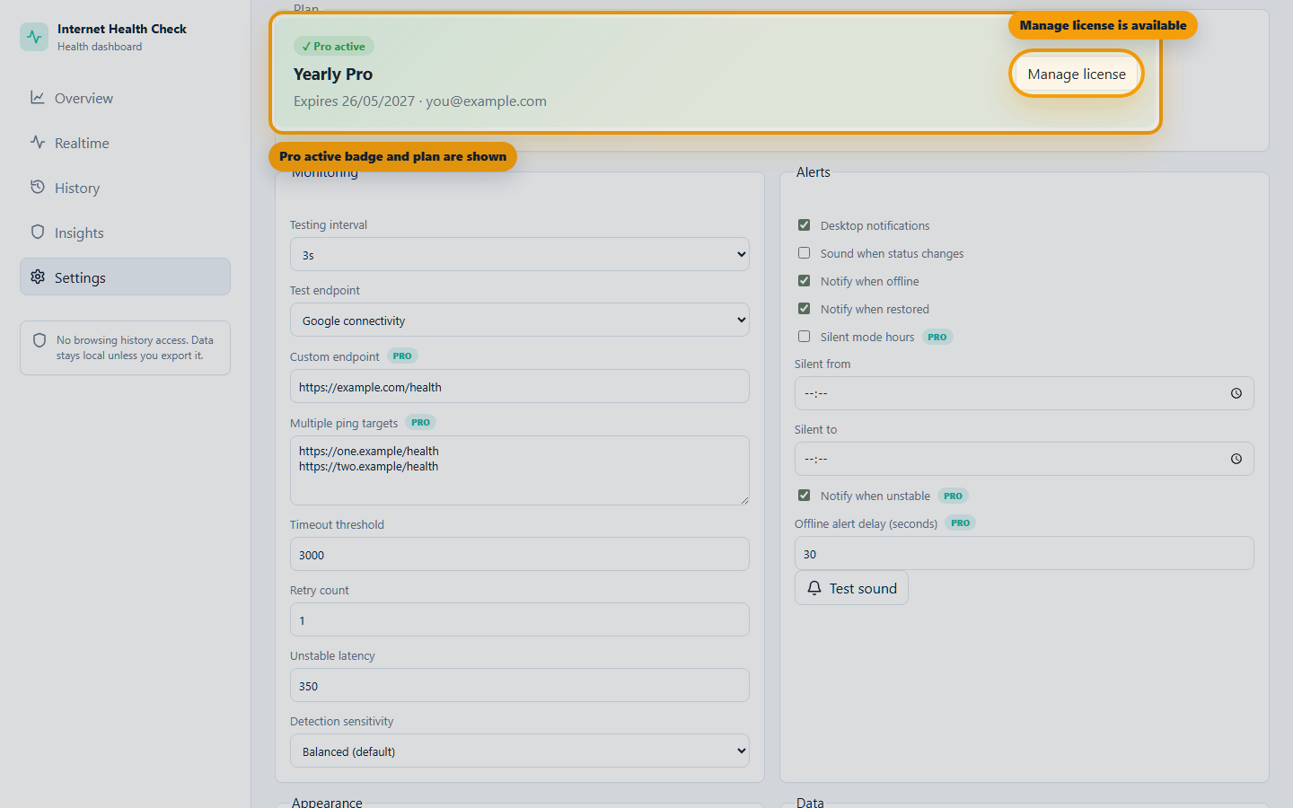 Internet Health Check settings page with Pro active badge, plan name, and Manage license button highlighted
