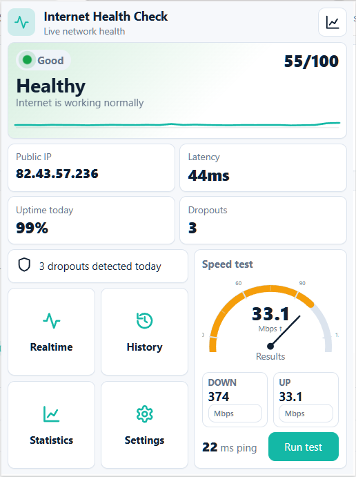 Internet Health Check popup showing status and Speed test